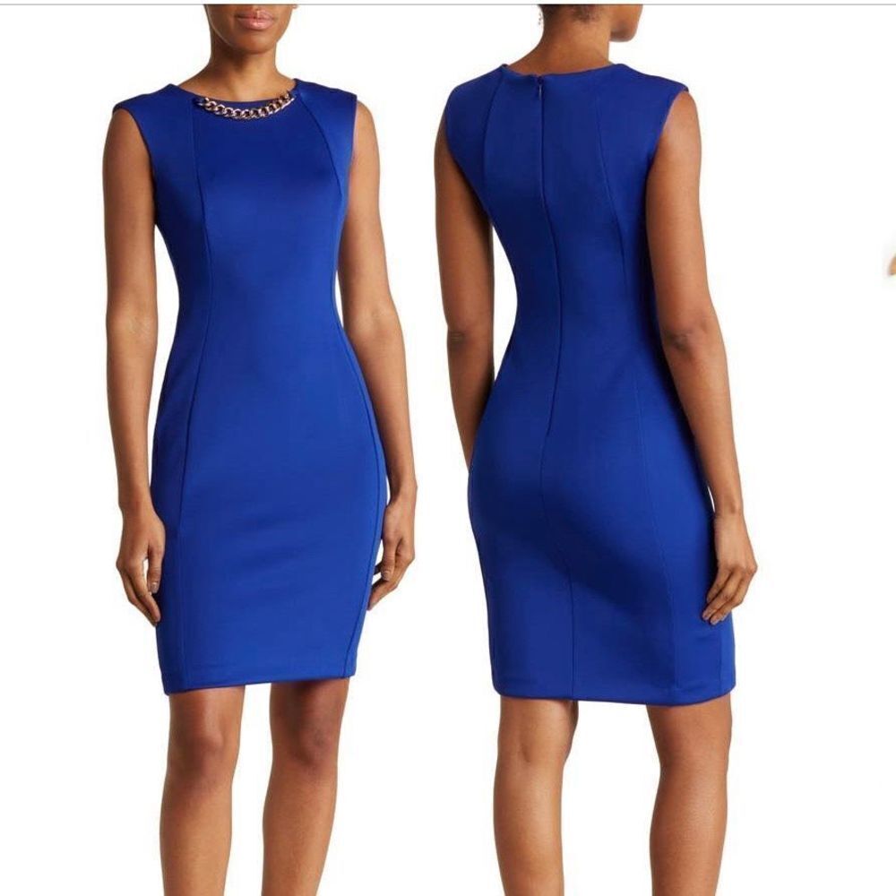 Calvin Klein scuba Chain Necklace Sheath Dress Size 8 cobalt blue
